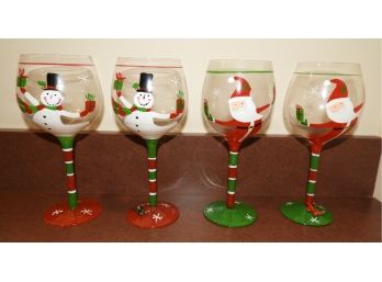 Set Of 4 Hand Painted Holiday Wine Glasses