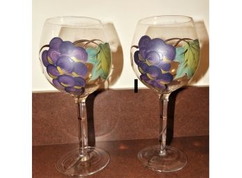 Lovely Set Of 2 Hand Painted Grape Wine Glasses
