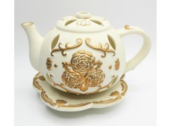 Ceramic Ivory & Gold Teapot Tealight 2-piece Candle Holder