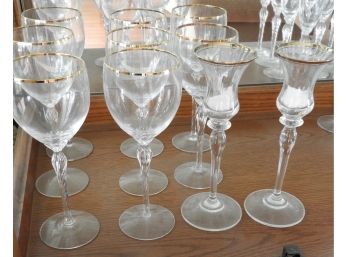 Set Of 8 Gold Trimmed Wine Glasses & 2 Candlestick Holders