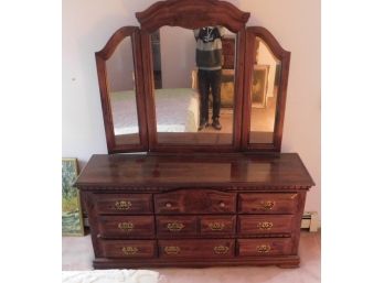 Vintage Solid Wood 10 Drawer Dresser With Attached Vanity Mirror