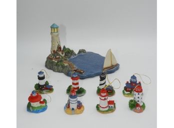 Lighthouse With Sailboat Figurine & 8 Lighthouse Ornaments