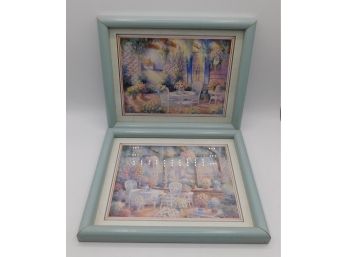 Pair Of Beautiful Victorian Garden Prints In Pale Blue Frames