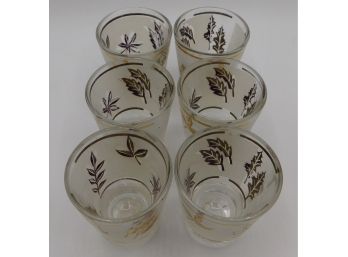 Vintage Frosted Glasses With Gold Tone Floral Leaf Shot Glass Set- Set Of 6