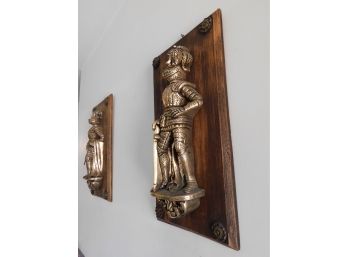 Pair Of Brass Knights On Wood Plaque Wall Decor