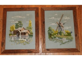 Pair Of Windmill & Watermill Needlepoint Framed Artwork