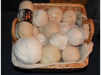 Assorted White & Tan Yarn In Wicker Basket