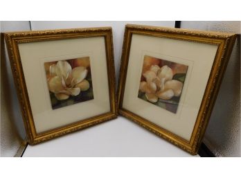 Pair Of Decorative Tiled Floral Prints In Gold Tone Frames