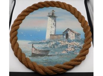 Lighthouse Oil Painting On Canvas In Rope Design Frame