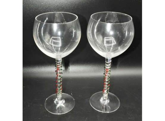 Set Of 2 Lenox Holiday Beaded Stem Wine Glasses