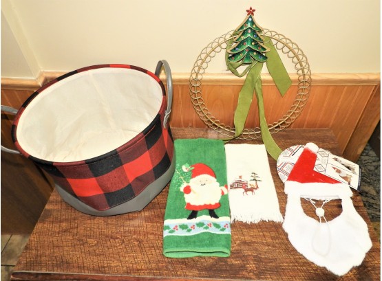 Assorted Holiday Decor - Wreath, Pet Santa Costume, Decorative Towels, Plaid Basket