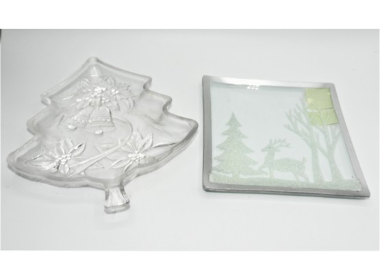 Assorted Set Of 2 Glass Plates - Home Beautiful Glass Tree & Yankee Candle Winter Frost Square Plate