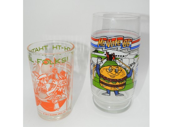 Vintage Assorted Set Of 2 Drinking Glasses - 1986 McDonald's Big Mac Glass & 1974 Bugs Bunny Glass