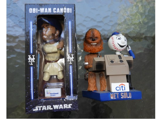 Set Of 2 Star Wars/mets Themed Obi-Wan Canobi (NEW), Mr. Met & Chewbacca Bobblehead Collectibles