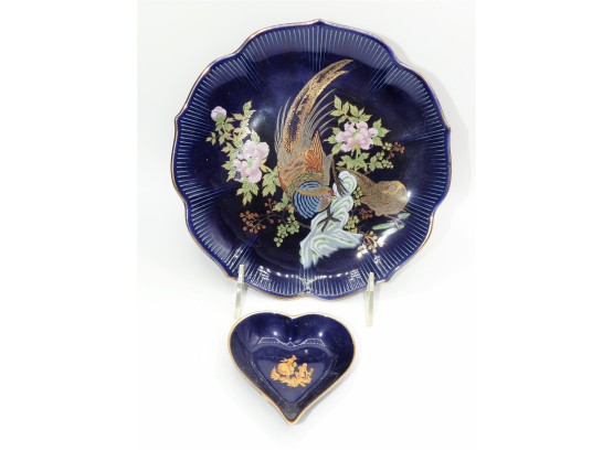 Assorted Set Of 2 Cobalt Peacock Plate & Lioges Porcelaine Heart-shaped Dish