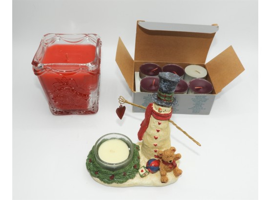 Assorted Set Of 3 - Celebrations Red Candle,  Yankee 2012 Snowman Candleholder & Tealight Candles-NEW