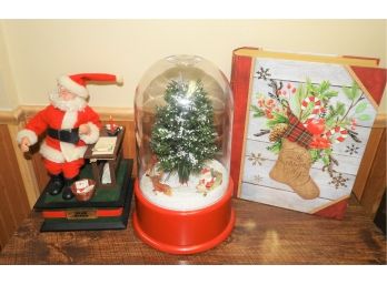 Assorted Set Of 3 Holiday Decor - Fiber Optic Tree, Santa & Storage Box