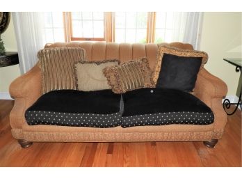 Lovely Fabric Sofa With Throw Pillows & 2 Replacement Seat Cushion Covers