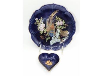 Assorted Set Of 2 Cobalt Peacock Plate & Lioges Porcelaine Heart-shaped Dish