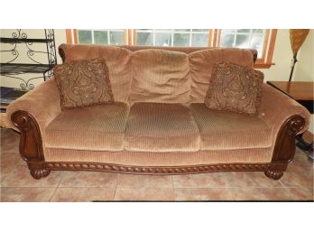 Lovely Fabric & Wood Sofa With Throw Pillows