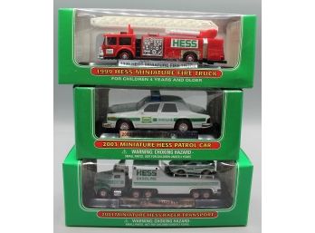 Hess Miniatures -  1999 Fire Truck, 2001 Racer Transport & 2003 Hess Patrol Car - New In Box