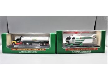 Pair Of Hess Miniature Trucks - 2004 Tanker Truck & 2005 Helicopter - New In Box