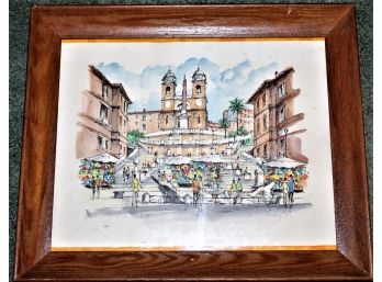 Rome Piazza Di Spagna Artist Signed Framed Watercolor