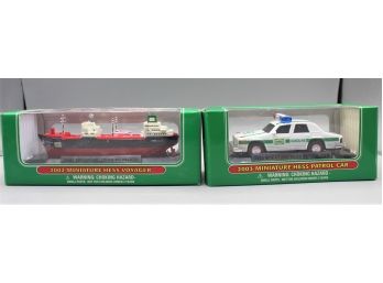Pair Of Hess Miniature Trucks - 2002 Hess Voyager & 2003 Hess Patrol Car - New In Box