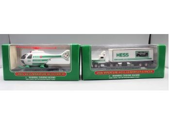 Pair Of Hess Miniature Trucks - 2005 Helicopter & 2006 18 Wheeler And Racer - New In Box