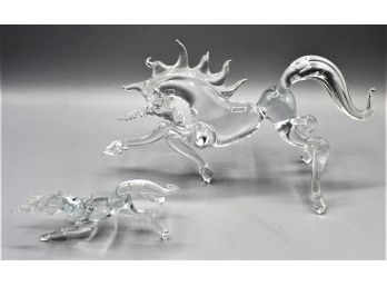 Pair Of Unicorn Figurines Of Hand Blown Glass Sculpture Prancing