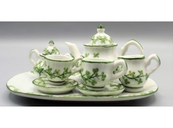 Vintage Hand Painted Leaf Design Miniature Porcelain Tea Set For 2