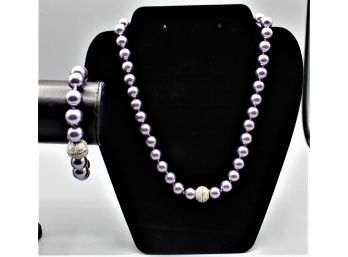 Pave Ball Pendant Purple Pearl Necklace Silver Rondells Spacer Necklace & Bracelet Set
