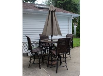 Outdoor High-back Swivel Chairs W/ Ceramic Tile Round Table W/ Umbrella And Stand - 4 Chairs