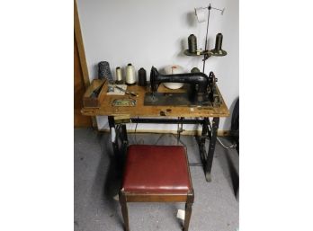 Lovely Antique Singer Sewing Machine Serial#B796494 With Singer Sewing Motor And Singer Bench With Accesories