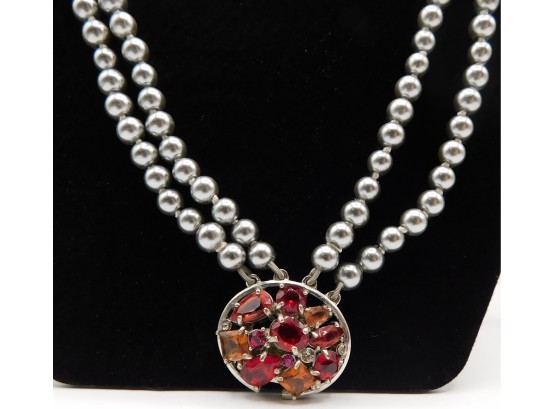 Red Rhinestone Pendant With Silver Tone Beaded Necklace