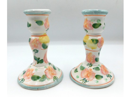 Napco Pair Of Hand Painted Candlestick Holders