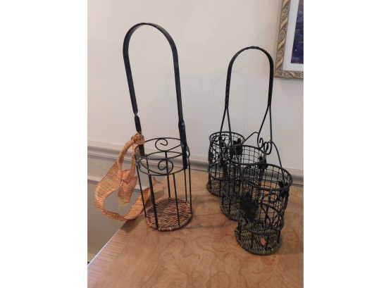 Pair Of Wrought Iron Wine Bottle Holders With Wicker Bottoms