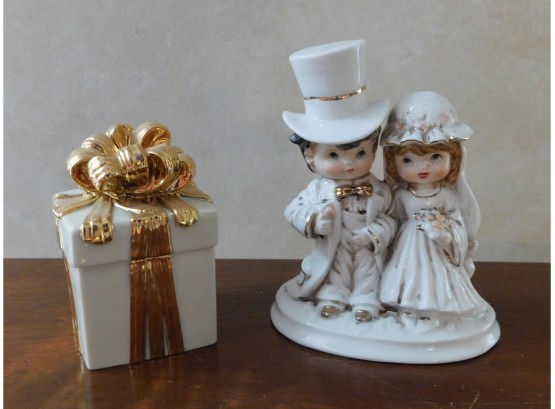 Pair Of 2 Porcelain Figurines - Bride & Groom And Lenox White Gift Box With Gold Tone Ribbon
