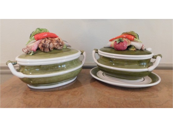 Pair Of 2 Hand Painted Garden Harvest Soup Tureens With Decorative Lids