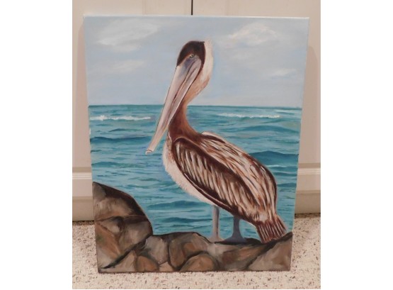 Adorable Canvas Painting Of Pelican Standing On Rocks Waterfront