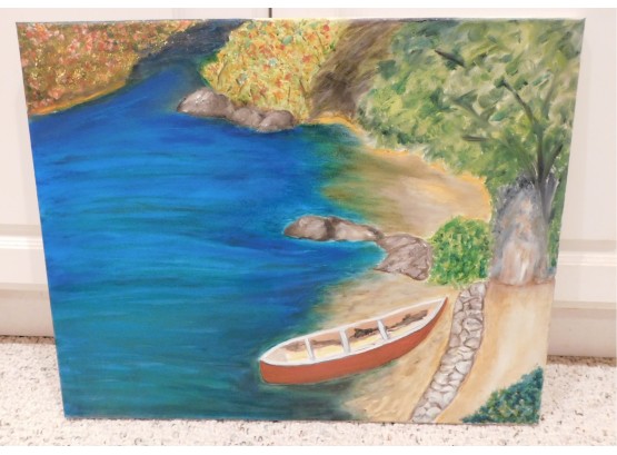 Waterfront With Canoe - Canvas Artwork