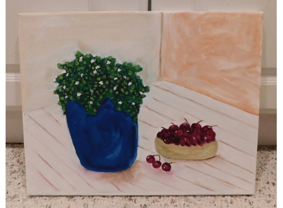 Painting Of Flowers In Pot And Cherries