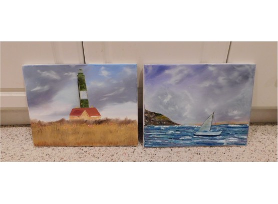 Pair Of 2 Canvas Paintings - Waterfront Landscape And Lighthouse
