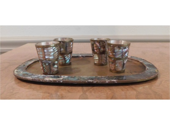 1950's Mexican Abalone And Sterling Liquor Shot Set With Matching Tray
