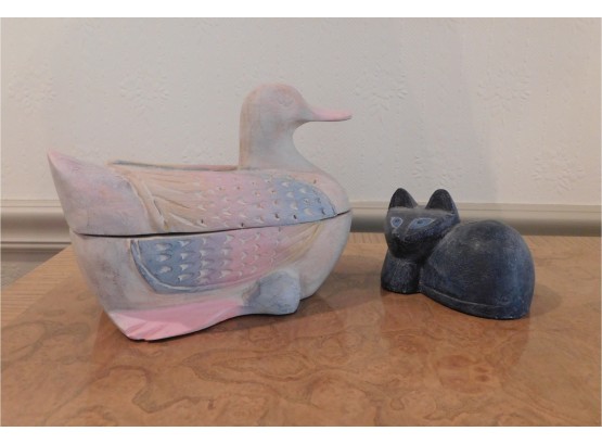 Pair Of Decorative Wooden Animals - Large Duck And Small Cat