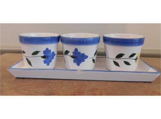 Dansk International - Set Of 3 Small White And Blue Ceramic Pots With Matching Tray