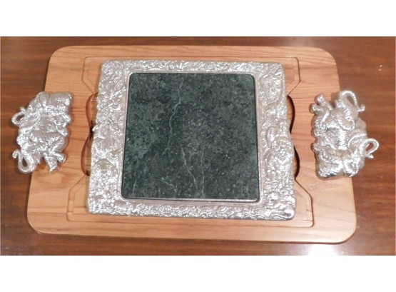 Matching Large Wooden Cutting Board And Small Stone Cutting Board With Silver Tone Elephant Handles