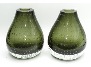 Set Of 2 Green Tinted Glass Bud Vases