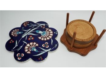 'artnicea' Ceramic Hot Plate & 'Goodwood' Teak Set Of 5 Coasters With Holder