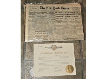 Historical New York Times Newspaper, September 25, 1946 With Certificate Of Authenticity